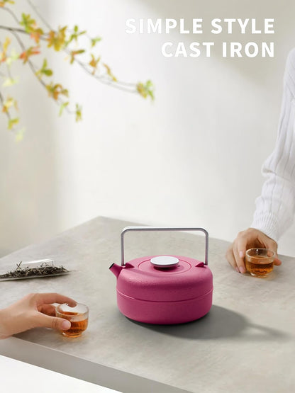 Toptier Teapot with Removable Infuser, Cast Iron Tea Kettle Stovetop Safe, Solid Geometry Cylinder Design Tea Pot Coated with Enameled Interior for 27 Ounce (800 ml), Rose Red