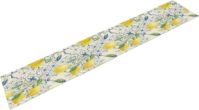 Vintage Lemon Table Runner, Watercolor Yellow Lemons Blue Tiles Spring Summer Seasonal Kitchen Dining Table Decoration for Indoor Outdoor Party, 13x90inch