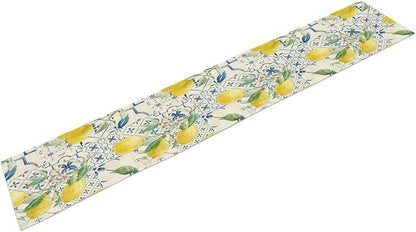 Vintage Lemon Table Runner, Watercolor Yellow Lemons Blue Tiles Spring Summer Seasonal Kitchen Dining Table Decoration for Indoor Outdoor Party, 13x36inch