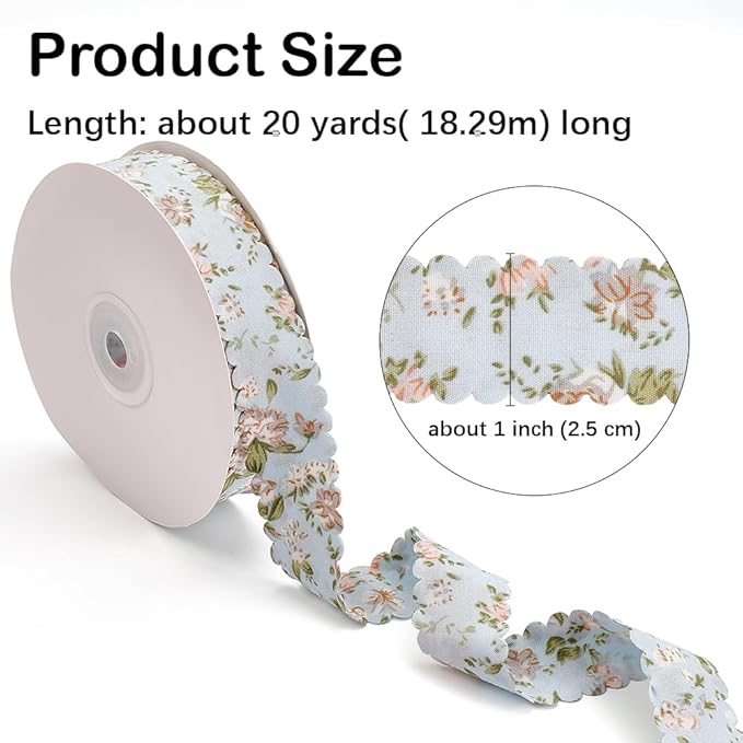 20 Yards Blue Floral Print Ribbon Flower Pattern Ribbon Vintage Spring Polyester Wavy Edge Ribbons Bulk with Spool for Sewing Making Wreath Wedding Crafts Bouquet Birthday Decor Christmas
