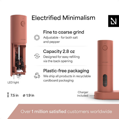 LARS NYSØM Electric Salt and Pepper Grinder Set, USB Rechargeable, Automatic Salt and Pepper Mills, Spice Shakers Refillable with LED Light, Adjustable Coarseness, Ceramic Grinder (Brick Red)