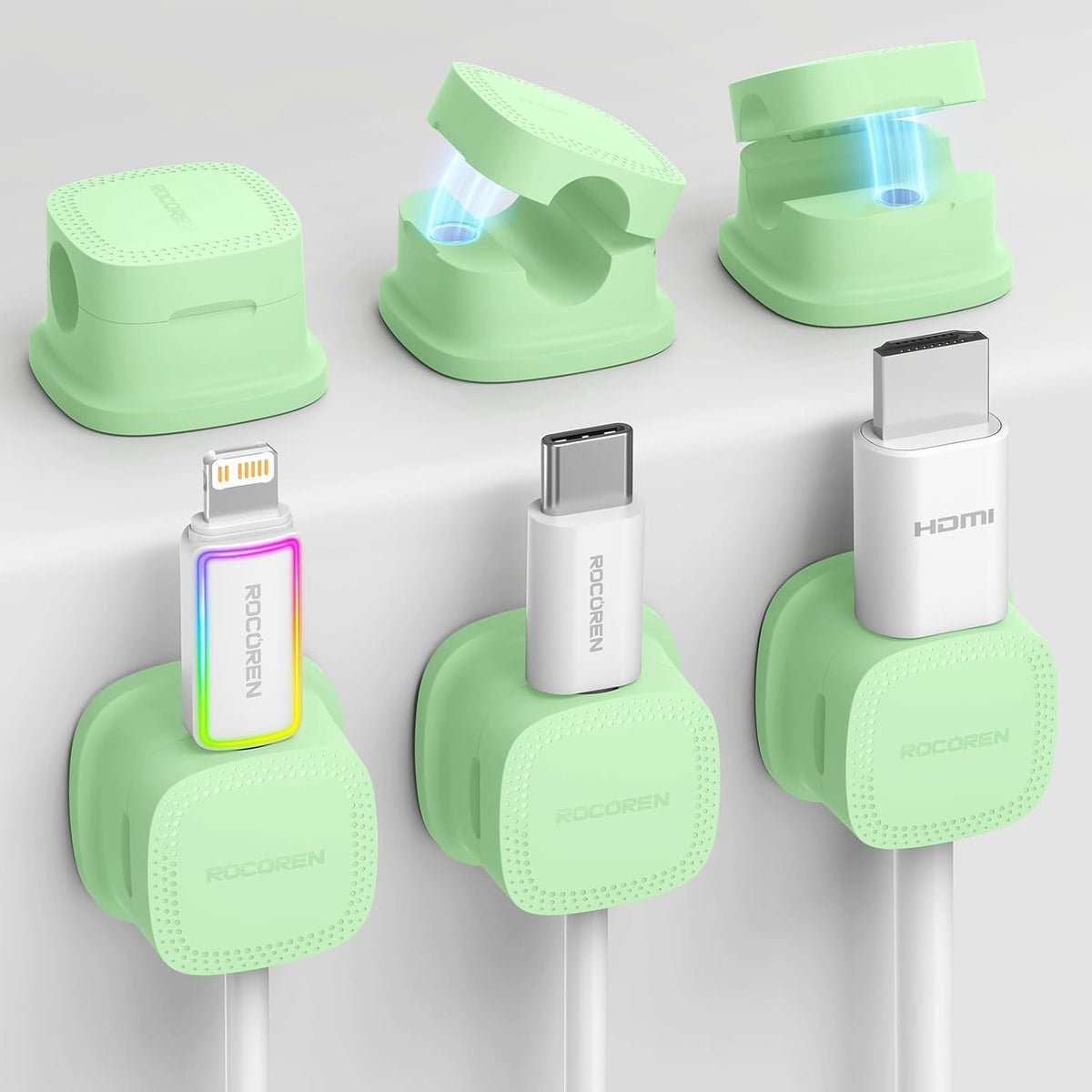 6 Pack Cable Management Cord Organizer, Magnetic Cable Clips-1s Lock, Rocoren Desk Adhesive Cord Cable Clip Wire Holder Keeper for Phone Charger Wire, Nightstand, Car, Office, Desktop Accessory, Green