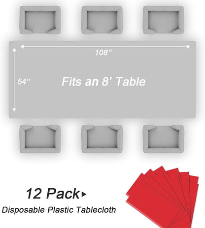 QIKSION Red Plastic Table Cloth Disposable 12 Pack, 54 x 108 Inch Tablecloths for Valentines, Mothers Day, Birthday Party, Christmas Decorations, Rectangle Table Cover