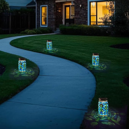 Starsoul 4 Pack Solar Hanging Lanterns Outdoor Waterproof, Mosaic Dragonfly Decor Glass Solar Outdoor Lights, Decorative Solar Lantern for Outside Pathway Patio Porch Yard Decor