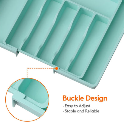 Lifewit Silverware Drawer Organizer, Expandable Utensil Tray for Kitchen, BPA Free Flatware and Cutlery Holder, Adjustable Plastic Storage for Spoons Forks Knives, Large, Turquoise