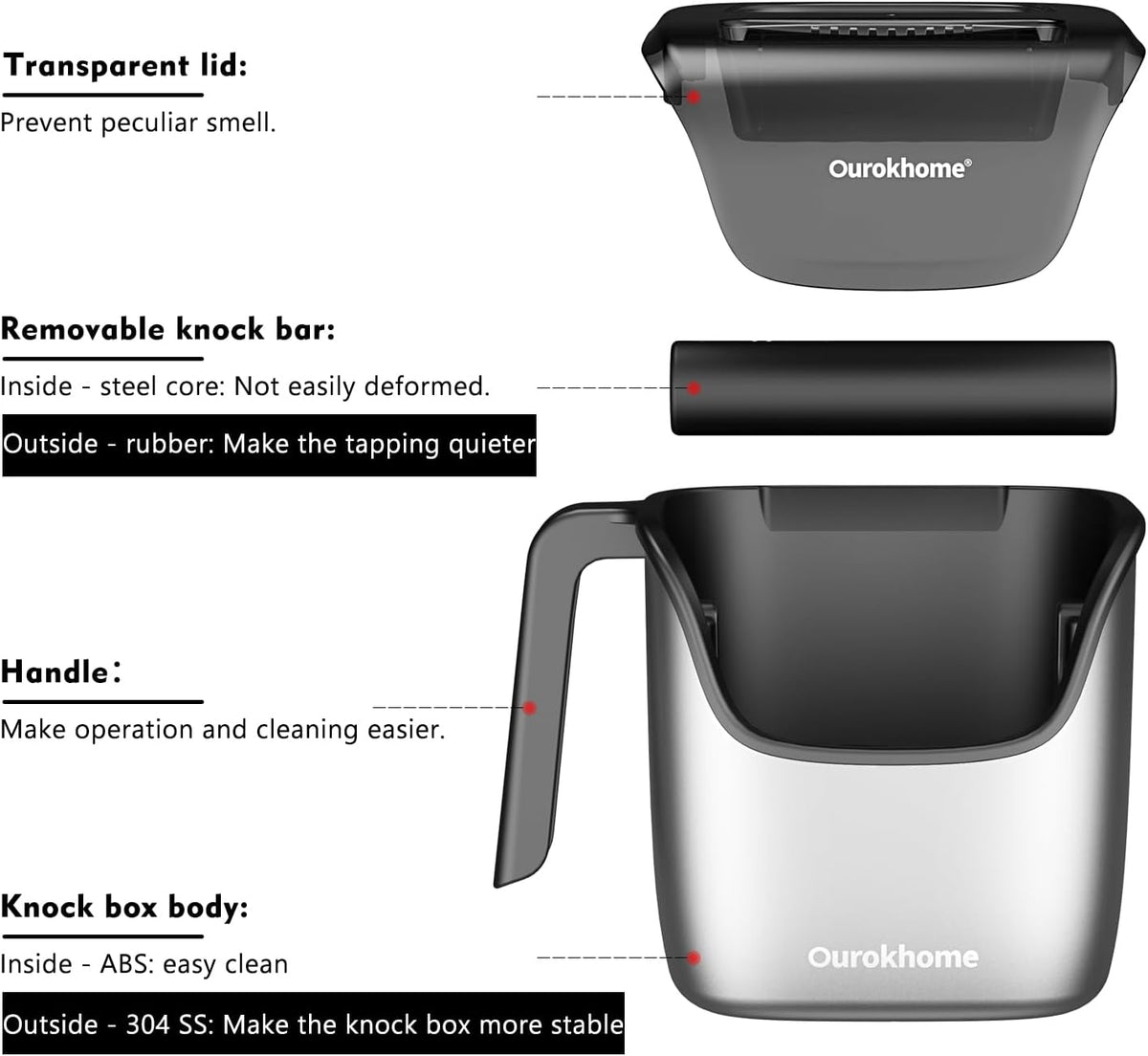 Ourokhome Knock Box Espresso Accessories, The Latest Patented Stainless Steel Espresso Machine Tool for Coffee Ground with Removable Knock Bar