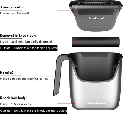 Ourokhome Knock Box Espresso Accessories, The Latest Patented Stainless Steel Espresso Machine Tool for Coffee Ground with Removable Knock Bar