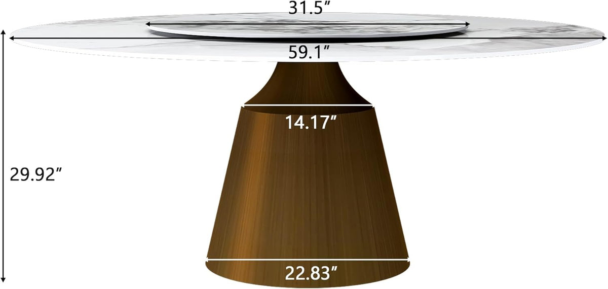 Montary 59" Modern Artificial Marble Round Dining Table with Bronzed Stainless Steel Cone Base & 31.5" White Sintered Stone Turntable, Dining Room Table with Lazy Susan for 6-8 (Only Table)