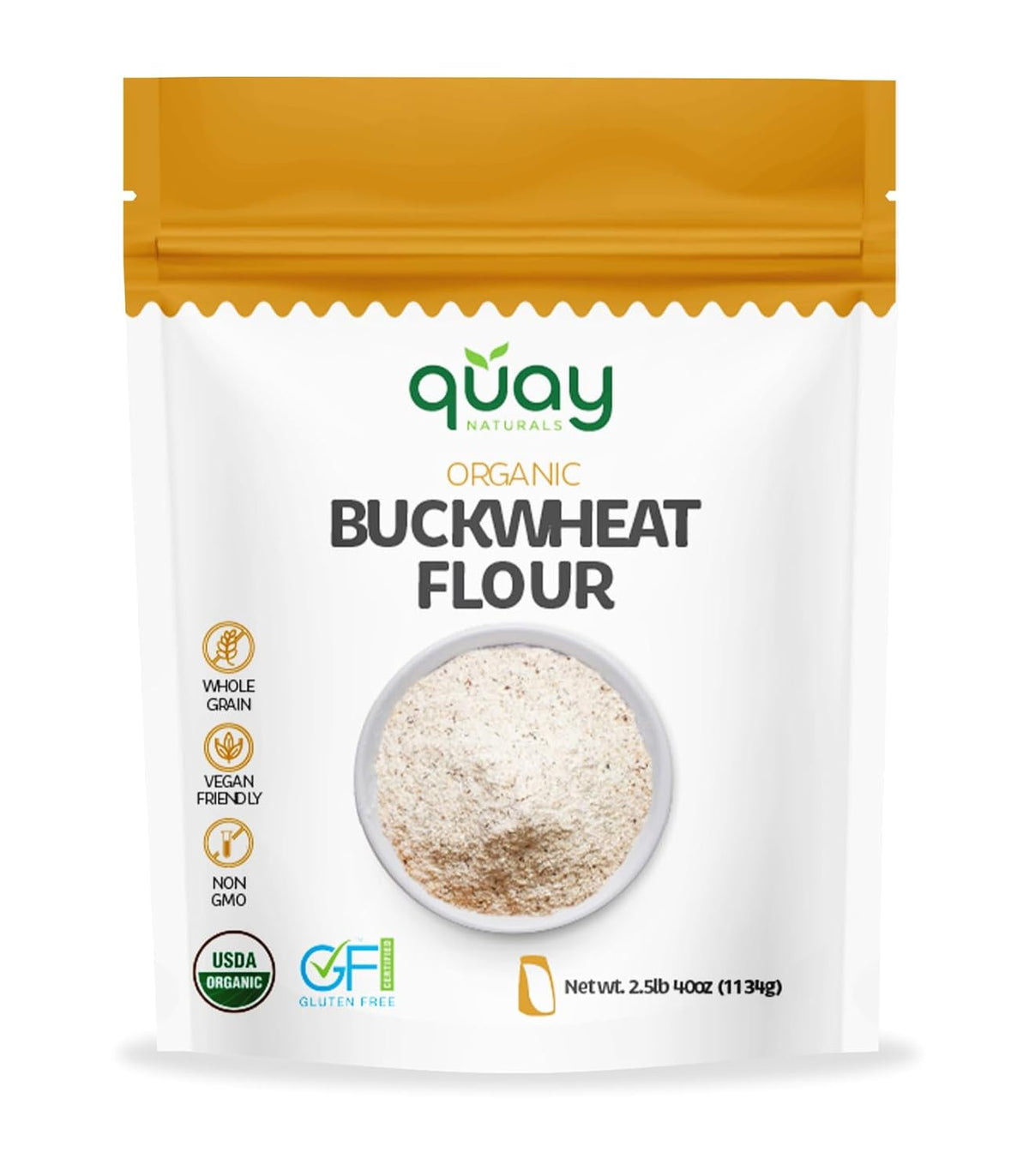 Quay Naturals Organic Buckwheat Flour, 2.5lbs | Gluten-Free, Non-GMO, Vegan | USA Grown, Stone-Ground | Rich Nutty Flavor | Buckwheat Groats