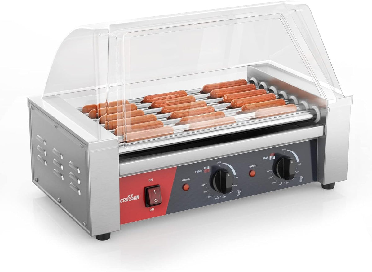 CROSSON Hot Dog 7 Roller Grill Cooker Machine with Transparent Sneeze Guard,7 Nonstick 304SS Rollers and Dual Temp Control,Commercial Hot Dog Cooker Machine-120V, 1050W