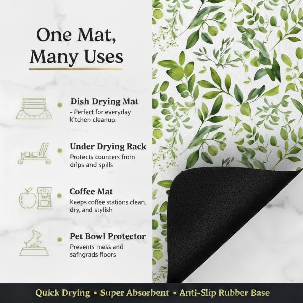 Dish Drying Mat Super Absorbent – 16" x 18" Coffee Mat for Countertops – Non-Slip Drying Mat for Kitchen Counter – Easy to Clean Water Absorbent Mat – Quick Dry Dish Mats (Green Leaves)