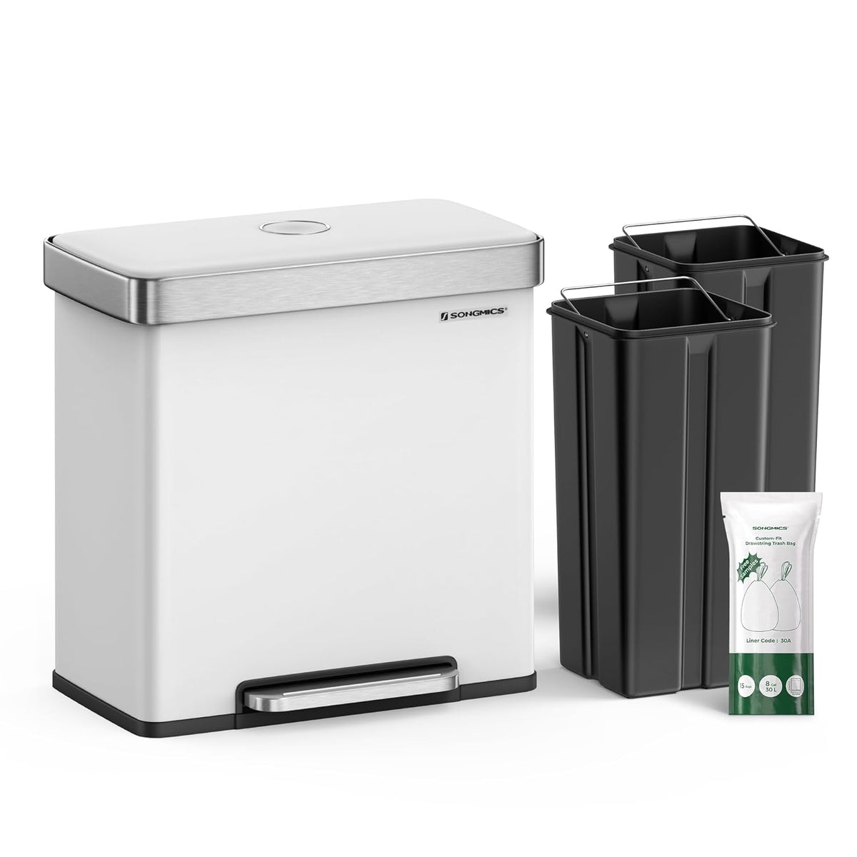 SONGMICS Kitchen Trash Can, 16 Gallon (2 x 8 Gallon) Dual Compartment Garbage Can, 60L Pedal Recycling Bin, Stays Open and Soft Close, Stainless Steel, 15 Bags Included, Cloud White ULTB202W01