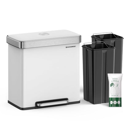 SONGMICS Kitchen Trash Can, 16 Gallon (2 x 8 Gallon) Dual Compartment Garbage Can, 60L Pedal Recycling Bin, Stays Open and Soft Close, Stainless Steel, 15 Bags Included, Cloud White ULTB202W01