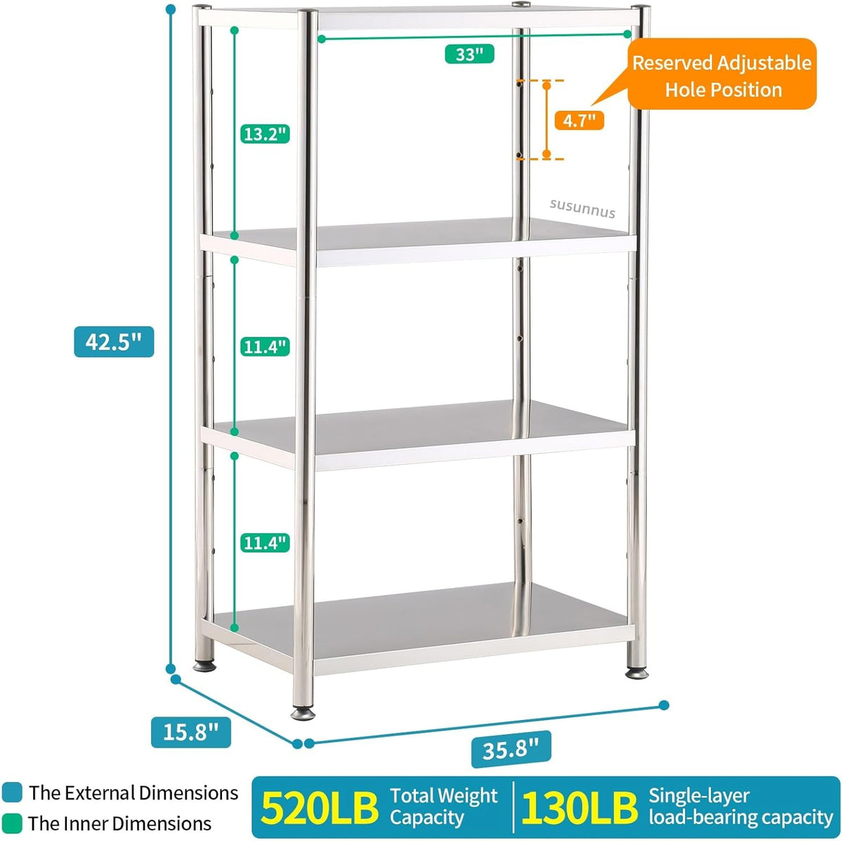 susunnus 4-Tier Stainless Steel Shelf, Heavy Duty Shelving for Kitchen, Garage, Industrial Storage, Kitchen Shelves Adjustable Feet, Easy to Clean(35.8in*15,8in Without Guardrails)