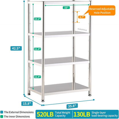 susunnus 4-Tier Stainless Steel Shelf, Heavy Duty Shelving for Kitchen, Garage, Industrial Storage, Kitchen Shelves Adjustable Feet, Easy to Clean(35.8in*15,8in Without Guardrails)