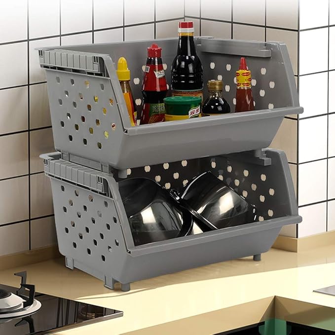 4-Pack Gray Plastic Stackable Kitchen Storage Basket, Stacking Organizer Basket