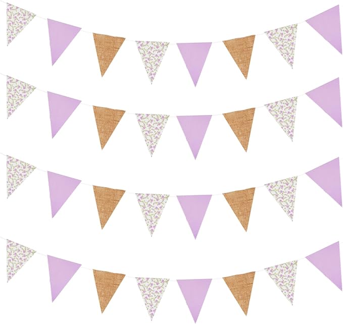 Zwiebeco 39Ft Purple Floral Fabric Pennant Banner Vintage Burlap Triangle Flag Retro Flower Bunting Party Decoration for Birthday Engagement Wedding Bridal Baby Shower Rustic Village Home Garden Decor