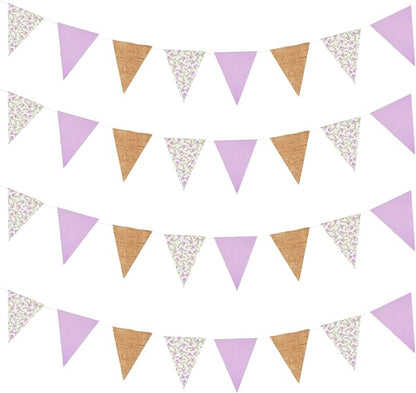 Zwiebeco 39Ft Purple Floral Fabric Pennant Banner Vintage Burlap Triangle Flag Retro Flower Bunting Party Decoration for Birthday Engagement Wedding Bridal Baby Shower Rustic Village Home Garden Decor