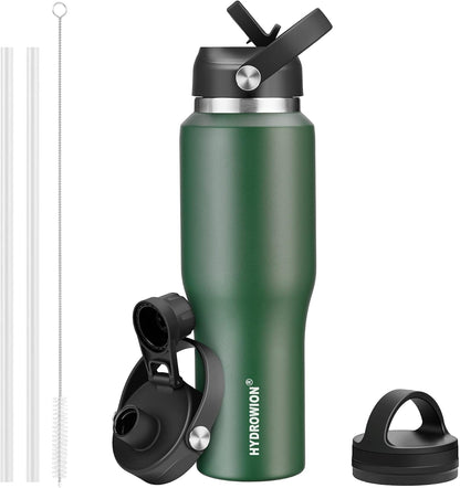 Hydrowion Water Bottle Insulated,32oz Water Bottles Straw Lid, Spout Lid and Flex Cap, Tumbler Flask (Cold for 48 Hrs, Hot for 24 Hrs)