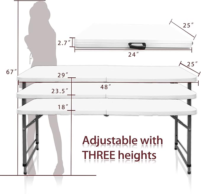 4FT Folding Table Height Adjustable Fold in Half Portable Utility Table with Handle, Lightweight Plastic HDPE Folding Table for Indoor Outdoor Picnic, Party, Camping Use (White)