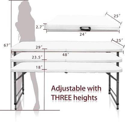4FT Folding Table Height Adjustable Fold in Half Portable Utility Table with Handle, Lightweight Plastic HDPE Folding Table for Indoor Outdoor Picnic, Party, Camping Use (White)