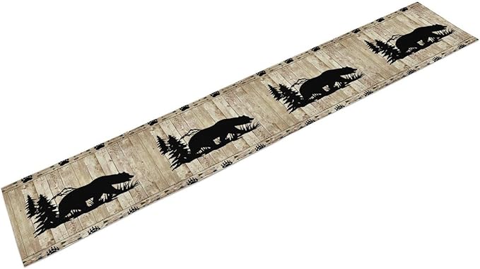 Bear Table Runner, Wild Animals Rustic Cabin Forest Bear Print Wooden Board Table Runner for Dining Kitchen Home 13x36in