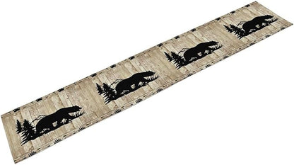 Bear Table Runner, Wild Animals Rustic Cabin Forest Bear Print Wooden Board Table Runner for Dining Kitchen Home 13x36in