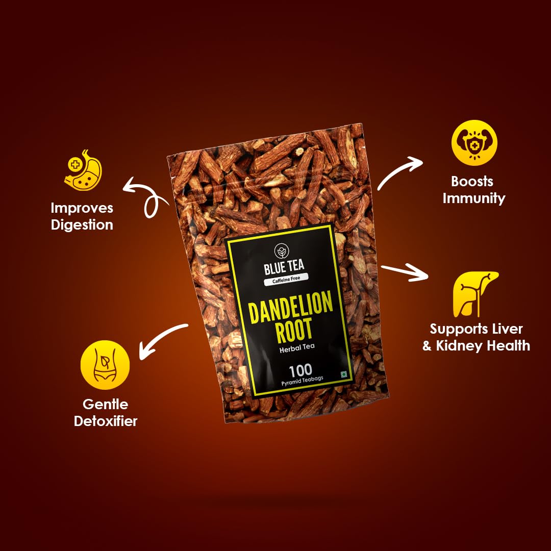 BLUE TEA - Dandelion Root Tea - 100 Count - Pyramid Plant Based Tea Bag | Support Kidney Function & Healthy Digestion | Detox Tea | Herbal Tea - Caffeine Free - Non-Bitter - Mild Flavor | Zipper Pack