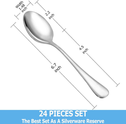 24 Pcs Teaspoons Set, Food Grade Stainless Steel Tea Spoons, Durable Small Spoons, Metal Dessert Spoon, Spoon Silverware for Home, Kitchen or Restaurant, Mirror Polished & Dishwasher Safe, 6.7-Inch