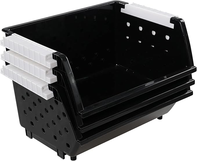 Vababa 3-Pack Plastic Stacking Storage Basket, Stackable Bin Organizer, Black