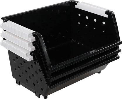 Vababa 3-Pack Plastic Stacking Storage Basket, Stackable Bin Organizer, Black