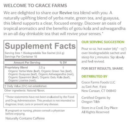 Grace Farms REVIVE Wellness Organic Tea Blend (16 Pyramid Sachets) | Yerba Mate, Green Tea, & Adaptogens | Natural Energy Coffee Replacement | Fairtrade & Kosher | Gives Back 100% of Profits