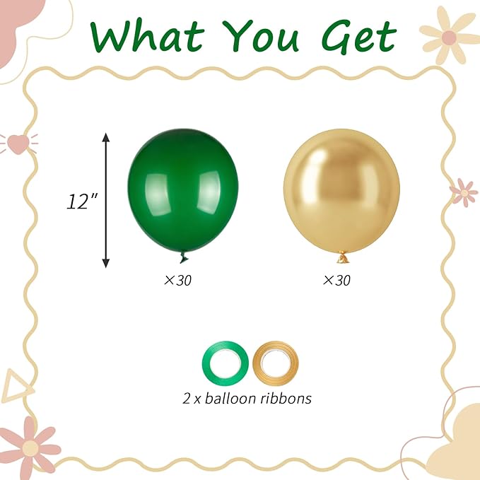 60pcs St. Patrick's Balloons, 12inch Green and Gold Latex Balloons for St. Patrick's Day, Jungle Safari Birthday, Christmas Party Decorations (With Ribbons)