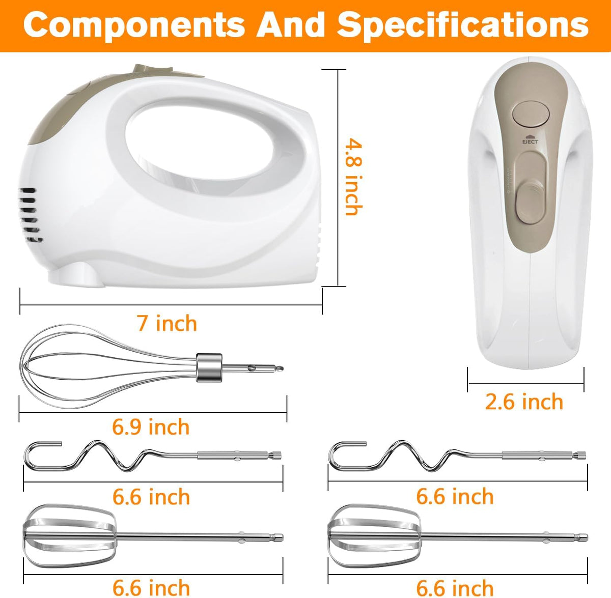 5-Speed Electric Hand Mixer with Whisk, Traditional Beaters, 120 Watts,Portable & Lightweight, Blending or Cooking, Brown