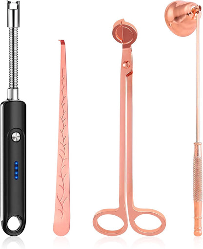 Lsnisni 4 in 1 Candle Accessory Set - Wick Cutter, Snuffer, Dipper & Electric Lighter - Gifts for Candle Lovers (Champagne)