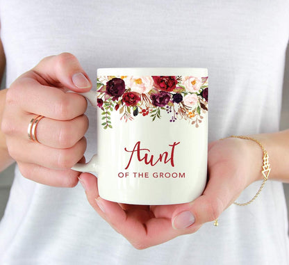Andaz Press 11oz. Wedding Ceramic Coffee Tea Mug Gift, Fall Autumn Marsala Burgundy Flowers Roses Florals, Aunt of the Groom, 1-Pack, Includes Gift Box