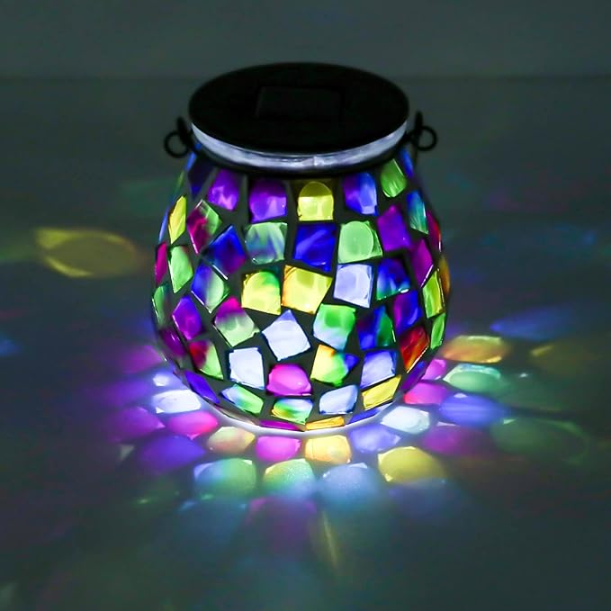 Afirst Mosaic Solar Lanterns Outdoor - Glass Hanging Solar Lights Hollow Out Waterproof Table Lamp Outdoor Decorative for Garden, Patio, Holiday Party Outdoor Decoration