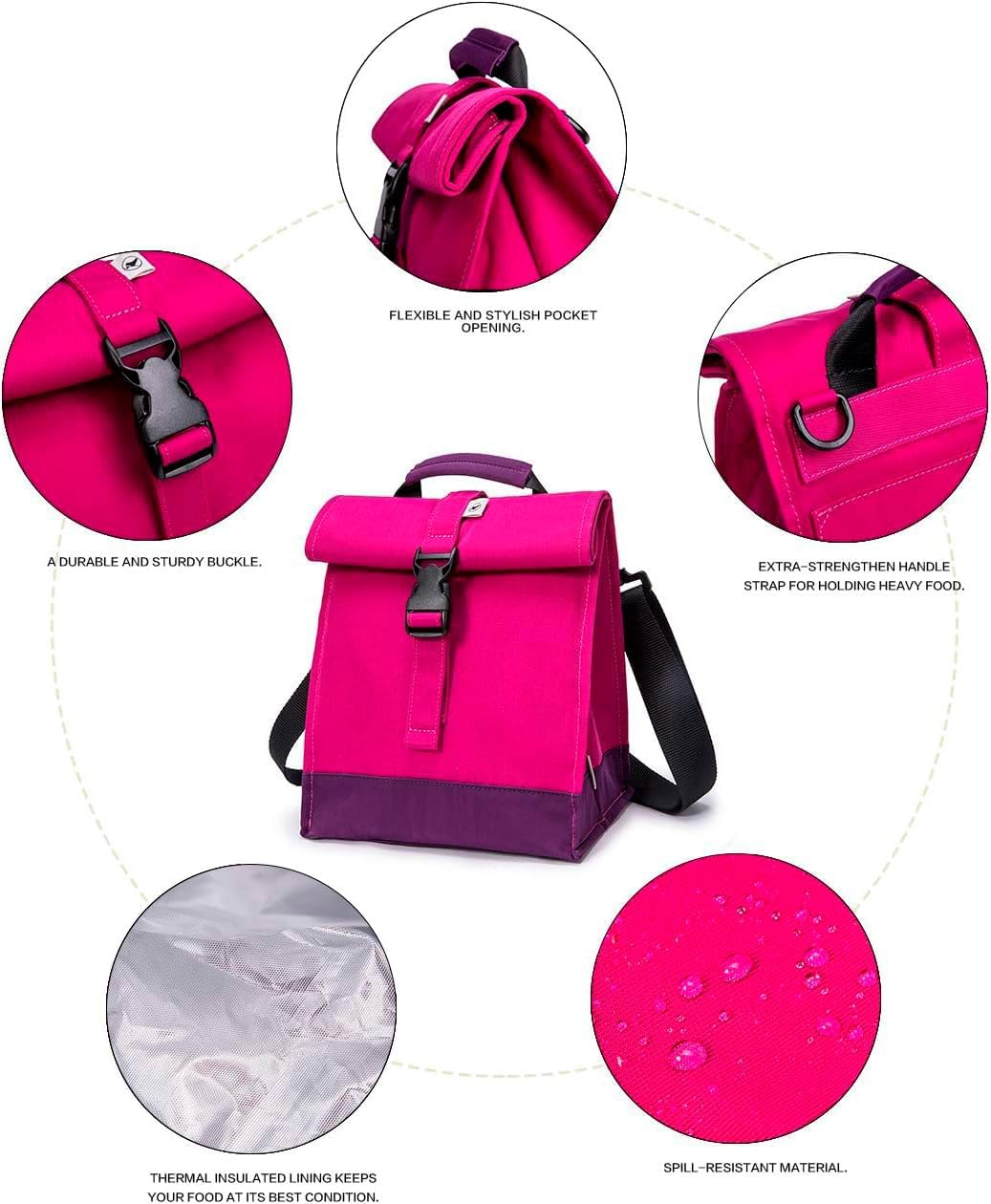 SUNNY BIRD Insulated Lunch Bag Rolltop Lunch Box Tote Lunchbox Bag for Women, Girls, Teens and Kids (Purple)