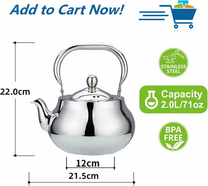 Sanqiahome Stainless Steel Teapot With Removeable Infuser 71 oz (2000ml) Thickened Mirror Polished Stovetop Tea Maker for Herbal and Infusion