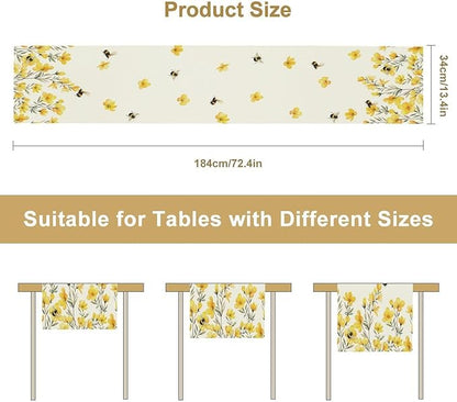Yellow Wild Flowers Table Runner, Rustic Farmhouse Watercolor Daisy Floral Branches Bees Print Table Runner for Kitchen Dining Room Party Picnic Table Decor, 13x36inch
