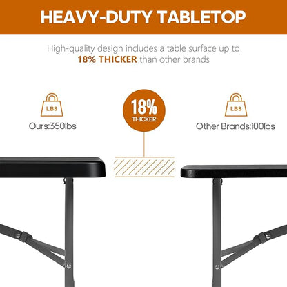 6ft Folding Table Heavy Duty 350 LBS 6 Foot Fold in Half Table with 18% Thicker HDPE Waterproof Top & Reinforced Steel Frame, Portable Foldable Table for Outdoor Indoor Party Wedding Camping