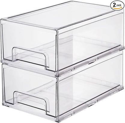 Clear Plastic Stackable Storage Drawers Bins, Perfect for Kitchen Pantry Organization and Storage, Under Sink Organizer, Pull Out Cabinet Organizer, Makeup, Bathroom Storage Containers for Organizing