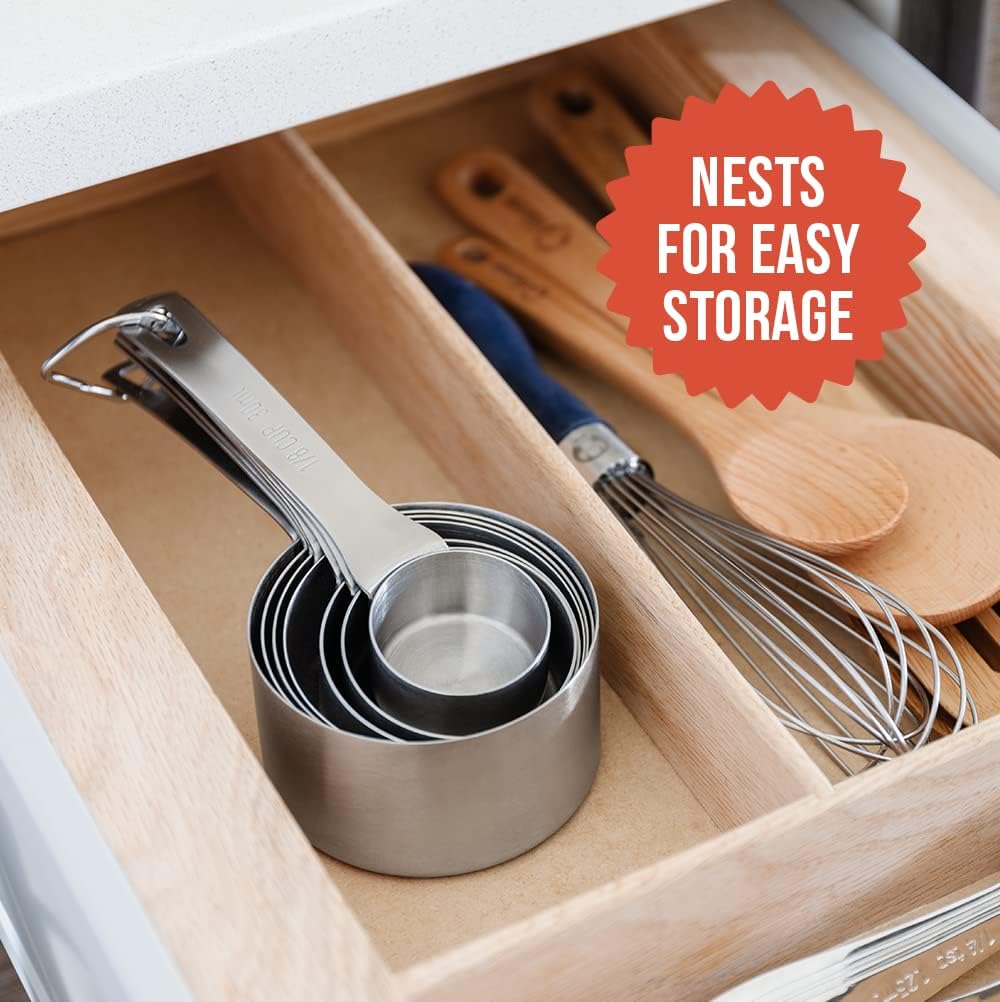 Chef Pomodoro Stainless Steel Measuring Cup Set, Nested and Stackable with 7 Pieces, Sturdy Extra-long Handles with Lasered Markings and Sorting Ring