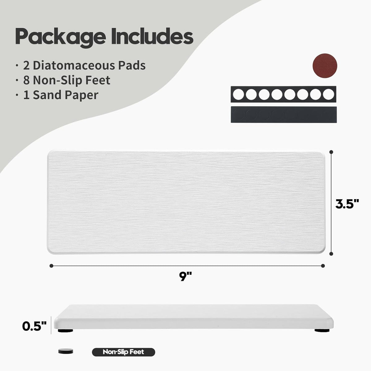 2PCS Bathroom Sink Trays, Water Absorbing Diatomite Stone Quick Drying Mat for Kitchen Counter, Dish Rack Soap Dispenser Sponge Holder Caddy Vanity Organizer, White, 9"x3.5"