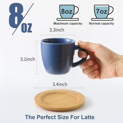 Hasense 8 oz Tea Cups and Saucers Set of 6, Ceramic Coffee Cups Latte Cappuccino Cups with Handle for Double Shot, Cafe Mocha, Espresso, Porcelain Coffee Cups for Party Home and Kitchen, Blue