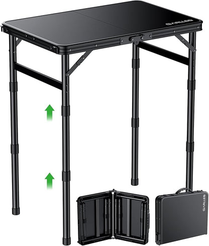 GARLLEN Folding Camping Table with Waterproof Plastic Tabletop, Portable Folding Picnic Table with 3-Adjustable Height, Aluminum Frame Outdoor Table for BBQ, Camping, Indoor Use, 22.8" L x 15.7" W