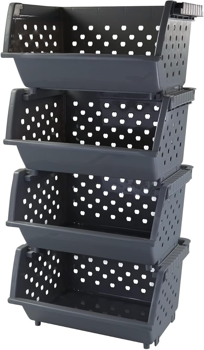 4-Pack Gray Plastic Stackable Kitchen Storage Basket, Stacking Organizer Basket