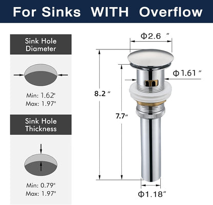 Stainless Steel Pop up Drain for Bathroom Sink Inst Sink Drain with Detachable Basket, Polished Chrome Drain Component with Overflow Bathroom Sink Drain