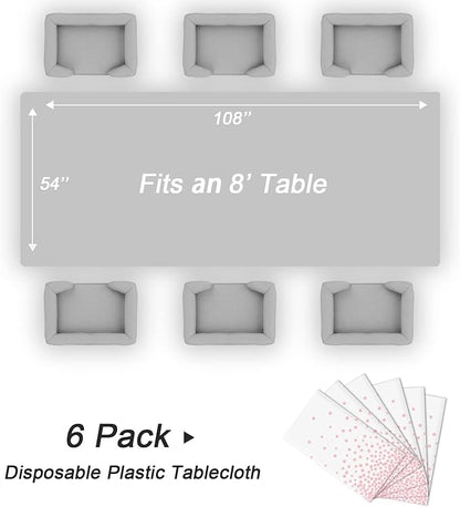 QIKSION 6 Pack White and Pink Dot Plastic Tablecloth, Waterproof Disposable Party Table Cloths for Baby Shower, Wedding, Anniversary, Birthday Party(54 × 108 Inch)