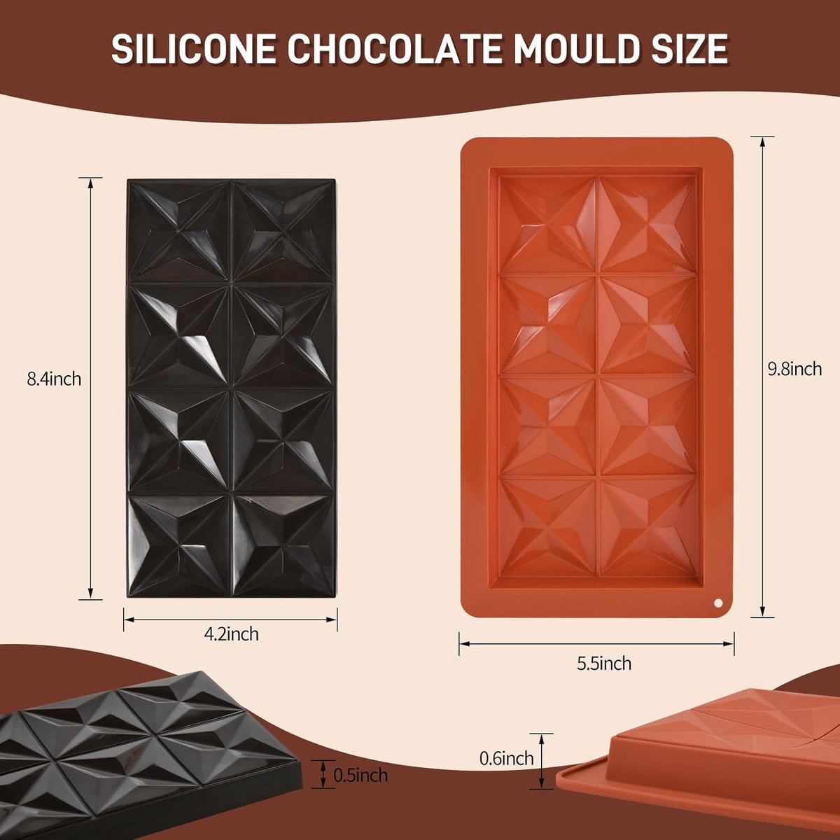 2 Pcs Chocolate Molds Silicone, Deep Chocolate Bar Mold, Non-Stick Food Grade Chocolate Mold for Dubai Chocolate Bar Pistachio, Candy and Chocolate Making - Four-Star Shape